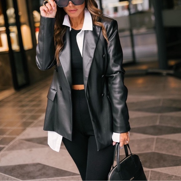 Zara faux leather double breasted blazer black vegan